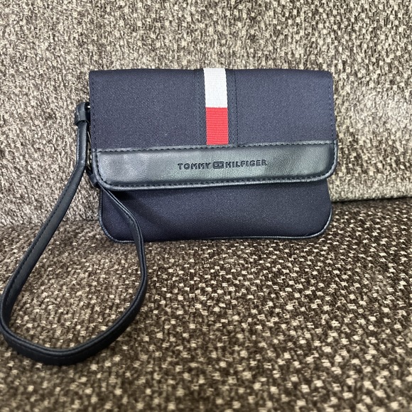TOMMY HILFIGER Blue Fabric Red White  Logo Detail Wallet Adjustable Wristlet - Picture 1 of 7